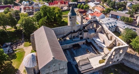 Photo of aerial view of the Haapsalu Episcopal Castle, Estonia.