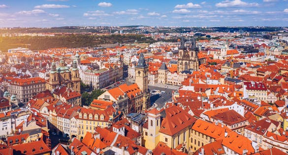 Photo of Prague beautiful panoramic sunny aerial drone view above Prague Old Town, Czech Republic.
