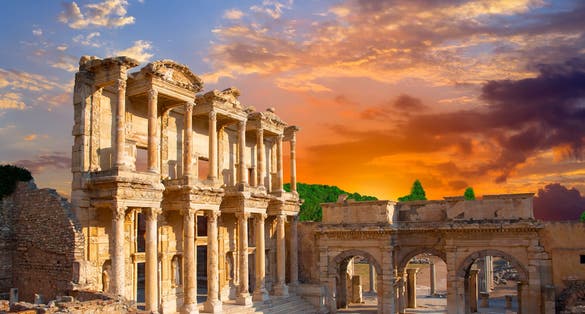 Photo of Celsus Library in Ephesus at sunset - Selcuk, Turkey.