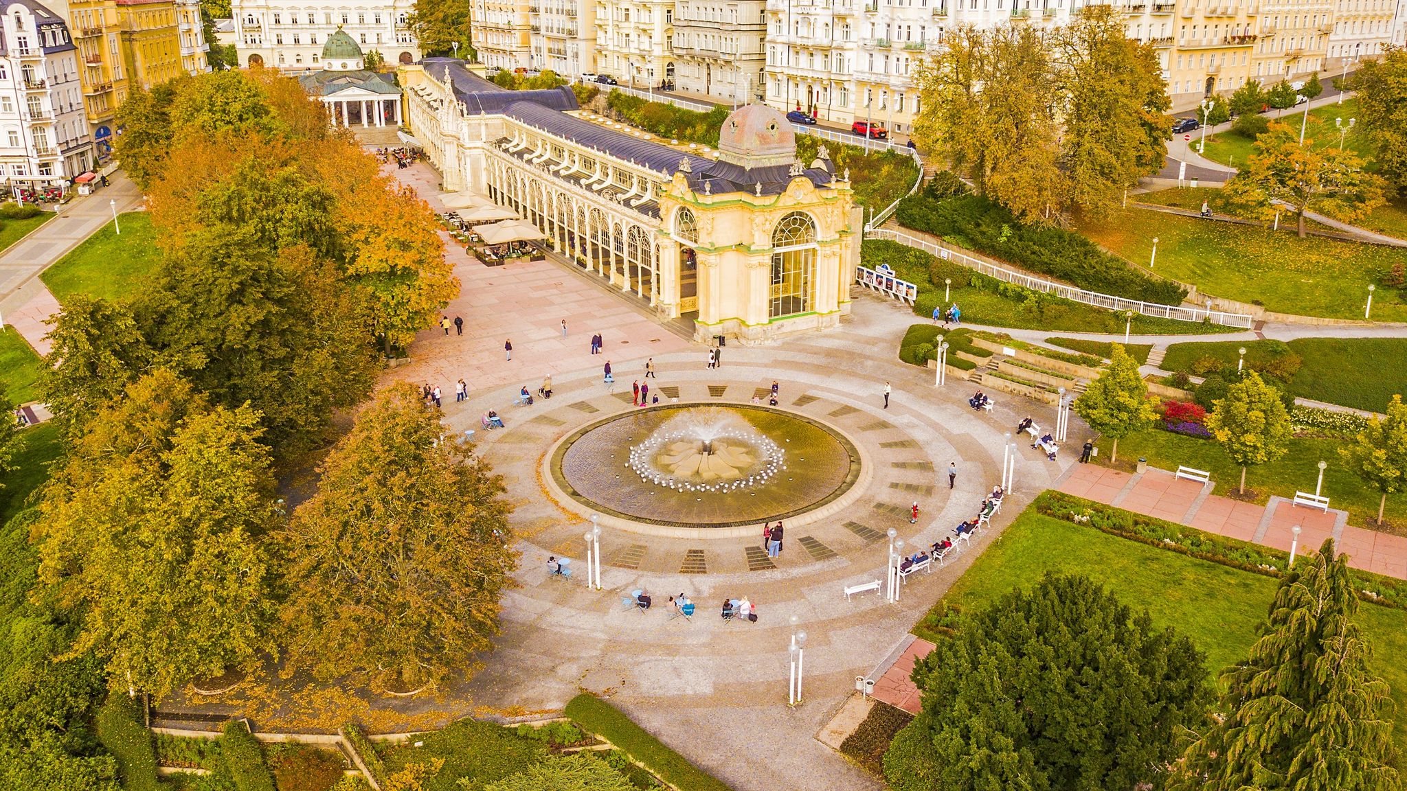 Photo of aerial view of main colonnade with singing fountain main attraction of Marianske Lazne (Marienbad), Czech Republic.