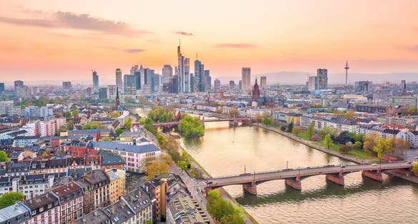 Photo of view of Frankfurt city skyline in Germany at twilight from top view.