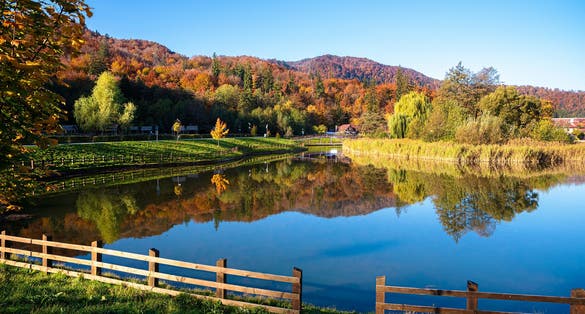 Landscape of the Noua lake and vegetation in autumn season in Brasov town, Romania