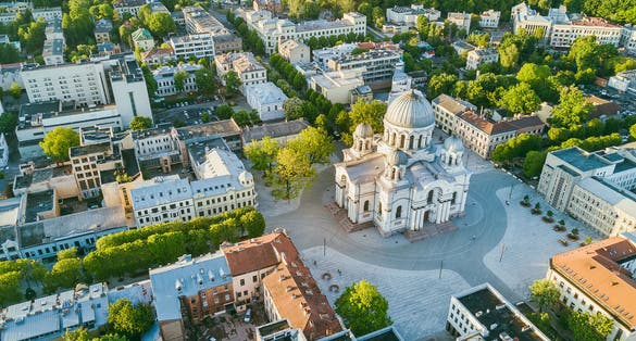 Photo of aerial view of Kaunas city center. Kaunas is the second-largest city in country and has historically been a leading centre of economic, Lithuania.