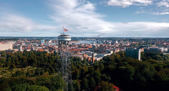 Panoramic aerial summer cityscape of Aalborg (North Jutland, Denmark), with Aalborg Tower.