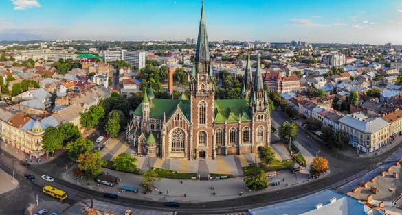 Photo of aerial view of historical old city district of Lviv. Cathedral of Saints Olga and Elizabeth, Lviv, Ukraine.