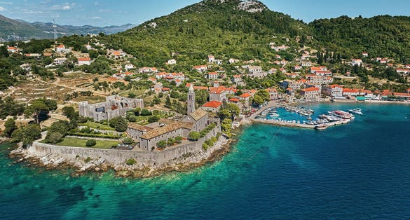 Photo of aerial view of Island of Lopud in Croatia.
