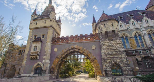 Photo of Vajdahunyad Castle, castle contains parts of buildings from various time periods, it displays different architectural styles: Romanesque, Gothic, Renaissance and Baroque.