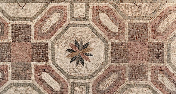 Photo of Antique mosaic on the floor of the house of Dionysus. Archaeological Park of Paphos. Cyprus.