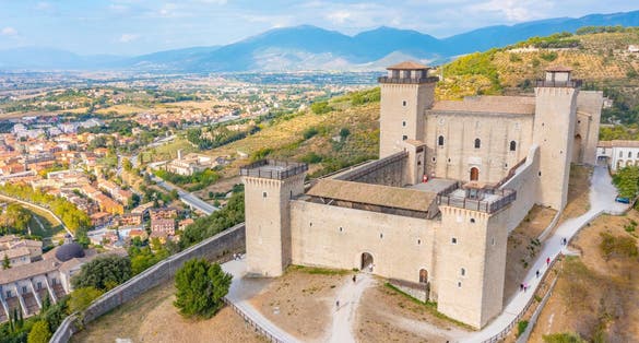 Aerial view of Rocca Albornoziana castle in Spoleto, Italy.
