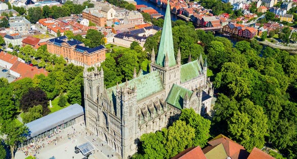 Photo of aerial view of the Nidaros Cathedral in Trondheim (old name of the city: Nidaros) is one of the most important churches in Norway.