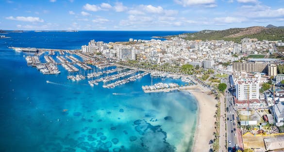 Photo of aerial view of Sant Antoni de Portmany, Ibiza islands, Spain.