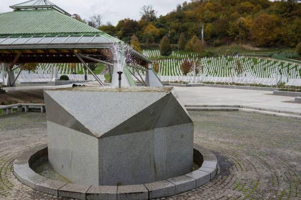 A peaceful fountain at the Srebrenica Memorial Center, dedicated to the victims of war crimes committed during the Bosnian War.jpg