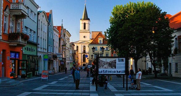 Photo of The original marketplace with historical tenement houses spared from destruction during World War Ii Zielona Góra, Poland.