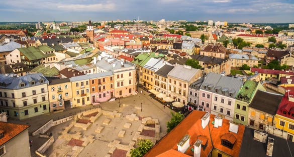 Lublin - old city from the bird's eye view. View of Po Farze Square and the skyline of Lublin.