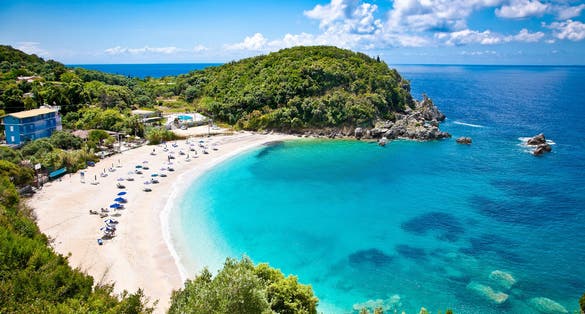 photo of view of Beautiful Sarakiniko beach. Just 8km outside the village Parga after Agia village of Syvota area in Greece.