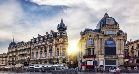 Photo of the place de la comacdie in Montpellier with sun, France.