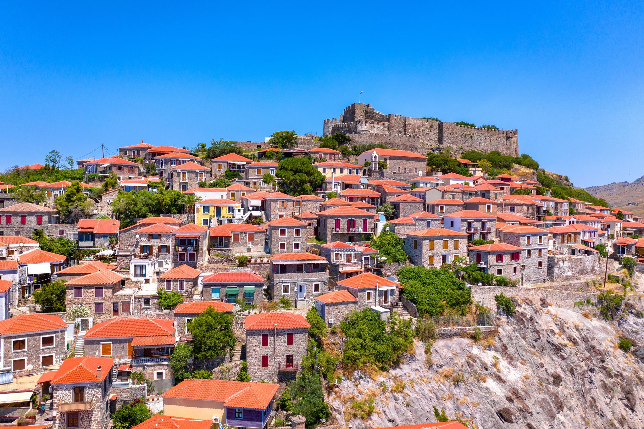 Photo of famous old town of Molyvos, Lesvos island, Mytilene ,Greece.