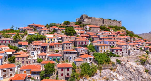 Photo of famous old town of Molyvos, Lesvos island, Mytilene ,Greece.