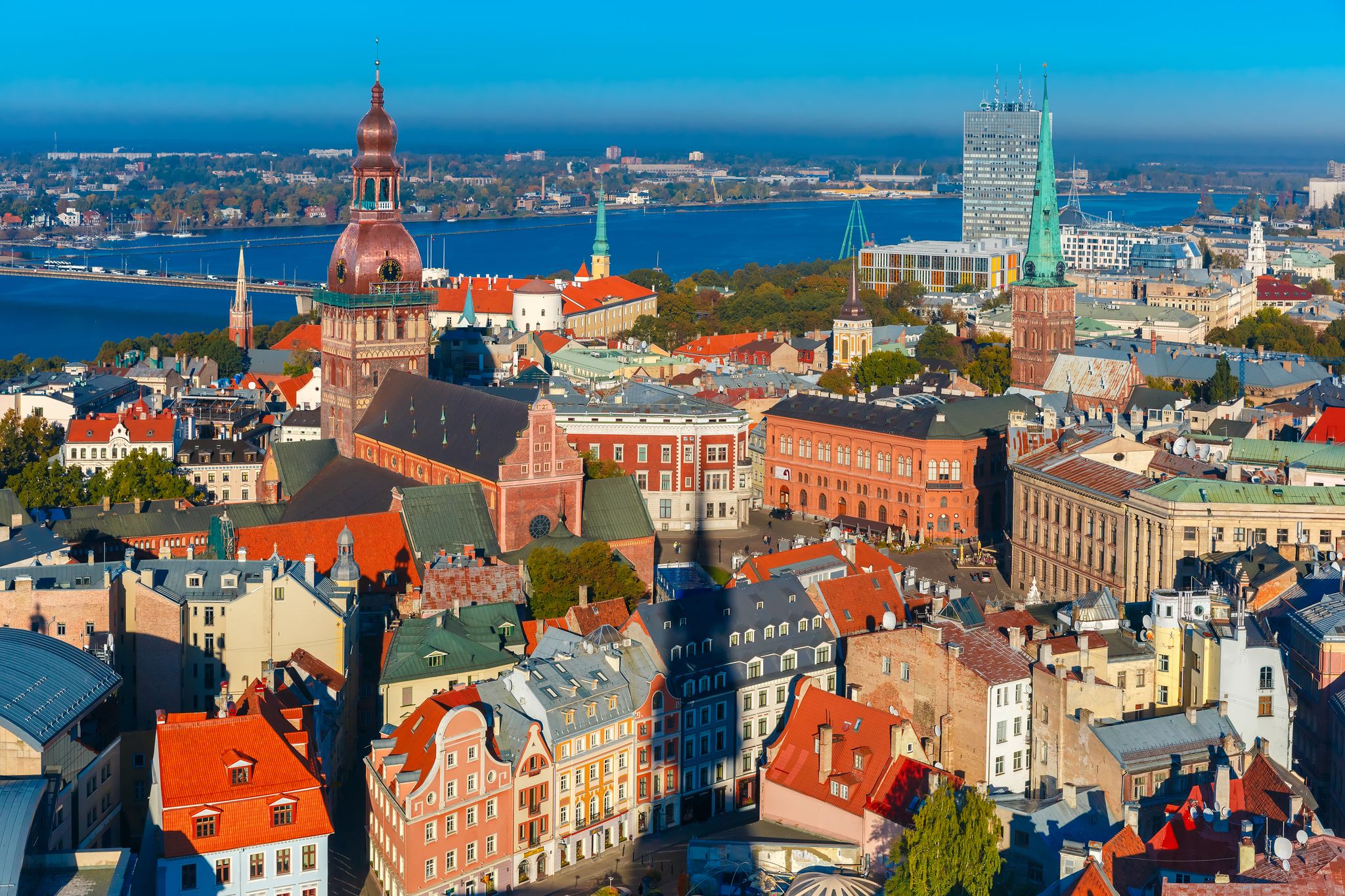 Aerial view of Old Town and River Daugava from Saint Peter church, with Riga Cathedral, Cathedral Basilica of Saint James and Riga castle, Riga, Latvia