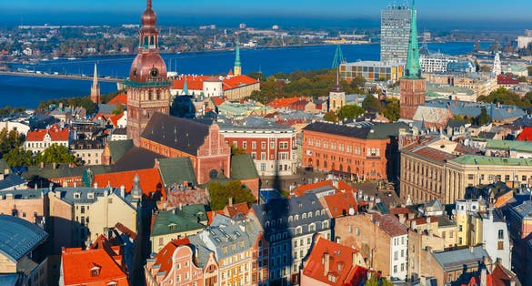 Aerial view of Old Town and River Daugava from Saint Peter church, with Riga Cathedral, Cathedral Basilica of Saint James and Riga castle, Riga, Latvia