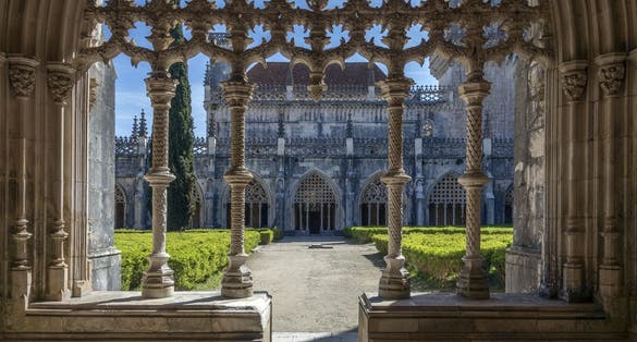 Photo of cloisters in the Monastery of Batalha, a Dominican convent in the town of Batalha, in the Centro Region of Portugal.