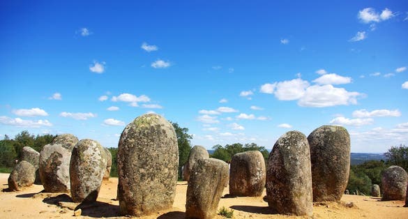 Panoramic of Almendres Cromlech, Evora, Portugal.