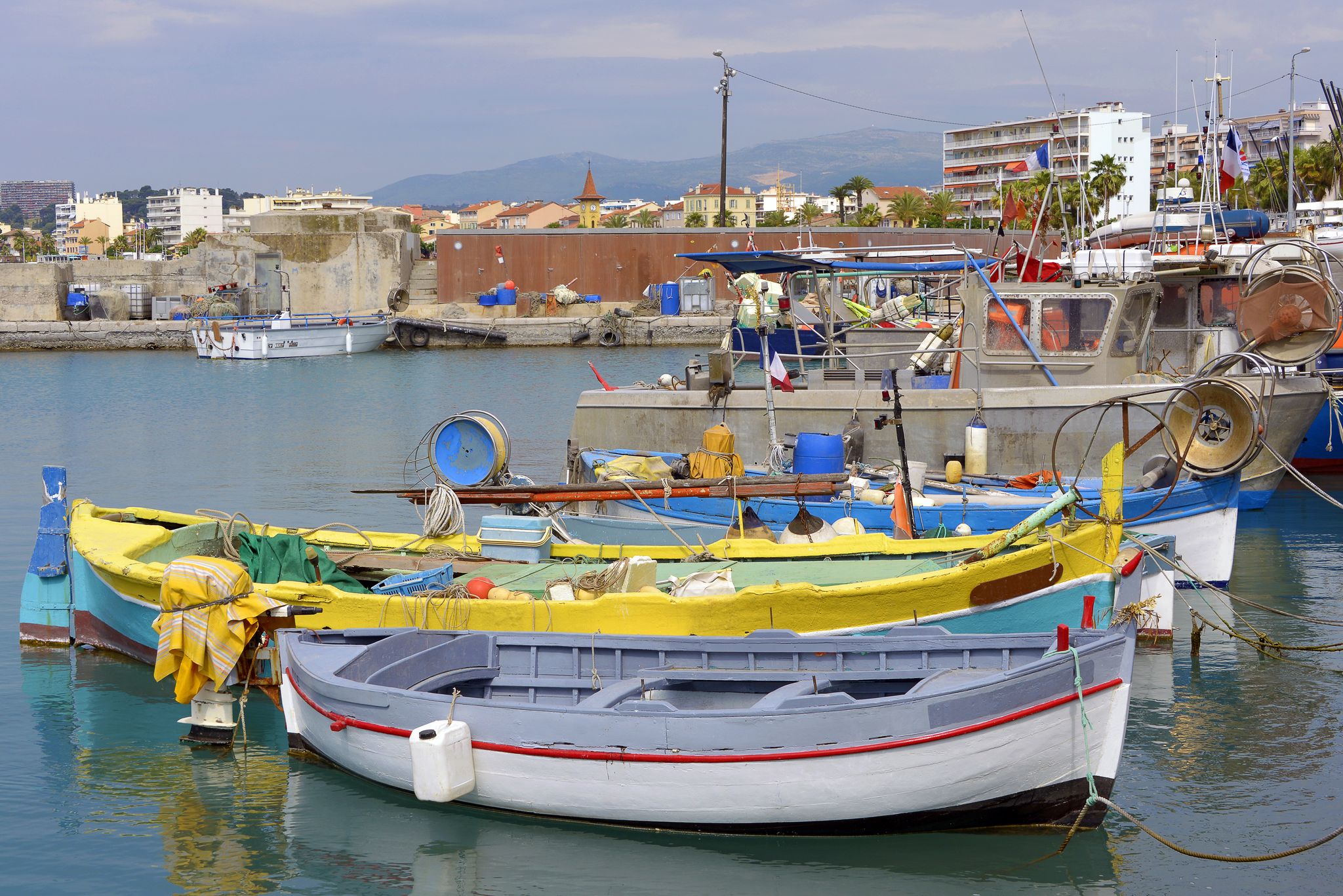 Small boats in the port of Cros at Cagnes-sur-Mer, commune in the Alpes-Maritimes department in the Provence-Alpes-Cote of Azur region in southeastern France