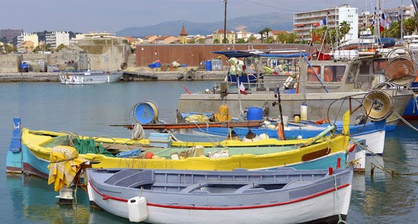 Small boats in the port of Cros at Cagnes-sur-Mer, commune in the Alpes-Maritimes department in the Provence-Alpes-Cote of Azur region in southeastern France