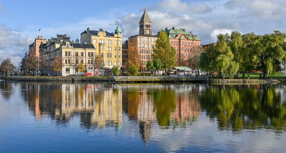 Motala stream in Norrkoping during fall. Norrkoping is a historic industrial town in Sweden.