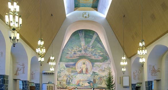 Interior of the Rovaniemi Church with altar fresco "The Source of Life" in Rovaniemi, Finland. The fresco made in 1951 by Lennart Segerstrale.