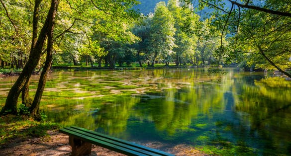 Photo of bench in a beautiful park Vrelo Bosne, Bosnia and Herzegovina.