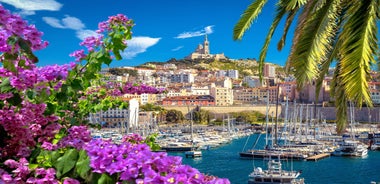 Photo of beautiful aerial view of Saint-Tropez, France with seascape and blue sky.