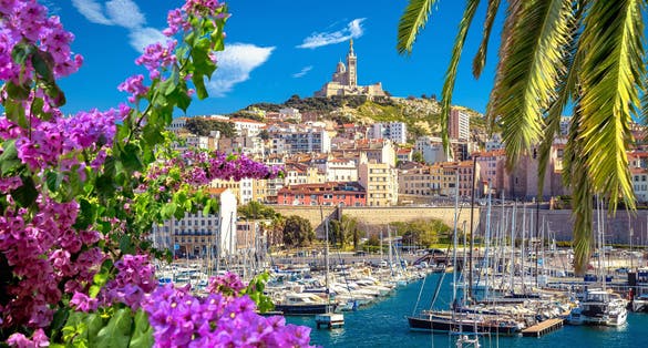 Photo of City of Marseille harbor and Notre Dame de la Garde church on the hill flower and palm view, southern France.
