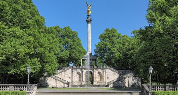 photo of view of Angel of Peace monument in Munich, Germany. The foundation stone was laid in 1896 to commemorate the 25 peaceful years after the Franco-German war of 1870-1871. The monument was unveiled in 1899.,Munich germany.