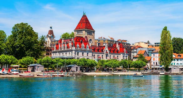 Photo of Chateau d'Ouchy or Castle of Ouchy is an old medieval castle in Lausanne city in Switzerland.