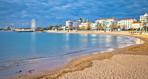 Saint Raphael beach and waterfront panoramic view, famous tourist destination of French riviera, Alpes Maritimes region of France
