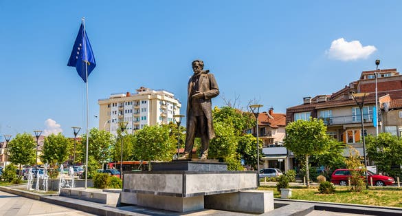 Photo of statue of Ibrahim Rugova in Pristina, Kosovo.