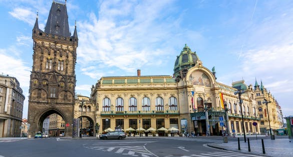 Photo of Powder tower (Prasna Brana) and Municipal House (Obecni Dum) on Republic square, Prague, Czech Republic.