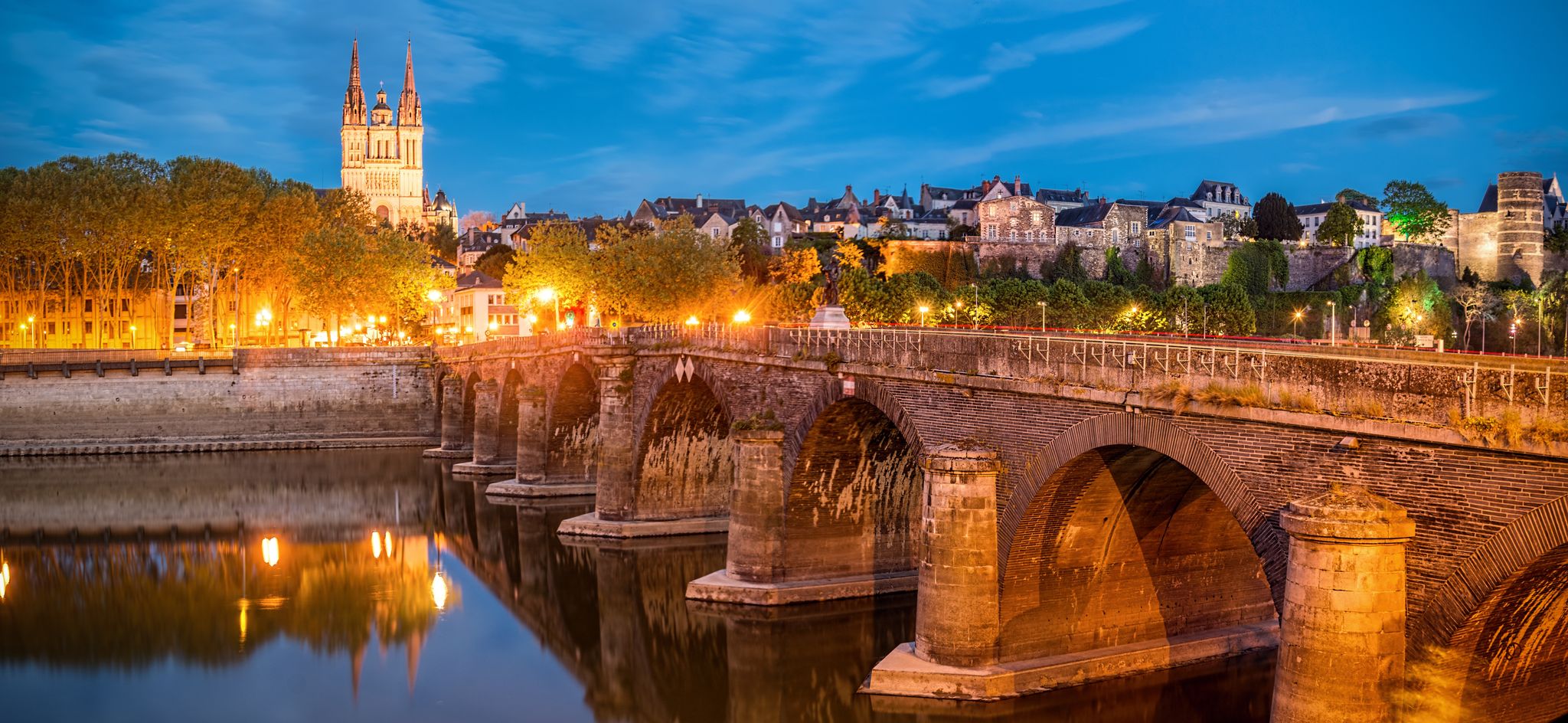 photo  of view of Verdun Bridge, Angers Cathedral , river Men in Angers, France - blue hour.