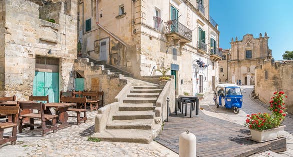 Scenic view of the "Sassi" district in Matera, in the region of Basilicata, in Southern Italy.