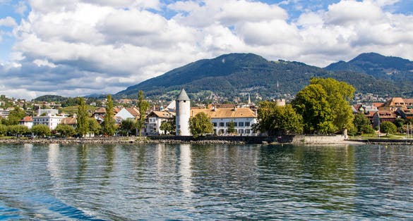 View of La Tour-de-Peilz from a boat on Lake Geneva (Vaud, Switzerland)