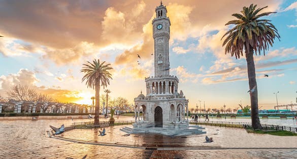 photo of beautiful view of the clocktower in Izmir's Konak Square, Turkey was built to commemorate the 25th anniversary of Sultan Abdulhamid II's accession to the throne in Turkey.