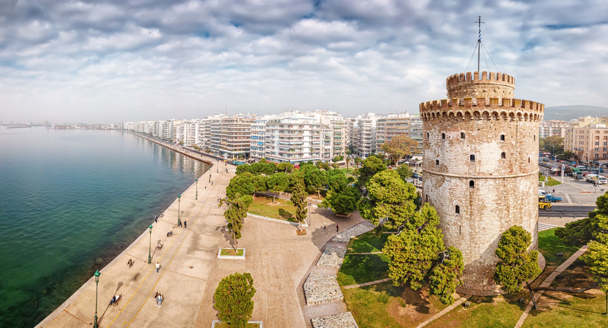 Photo of aerial panoramic view of the main symbol of Thessaloniki city and the whole of Macedonia region the White Tower.