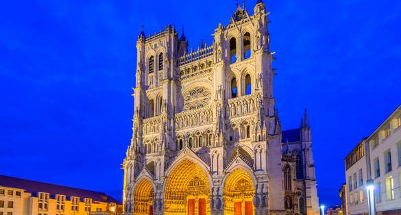 Notre-Dame of Amiens Cathedral. Vast, 13th-century Gothic edifice, famous for lavish decoration & carvings, with 2 unequal towers.