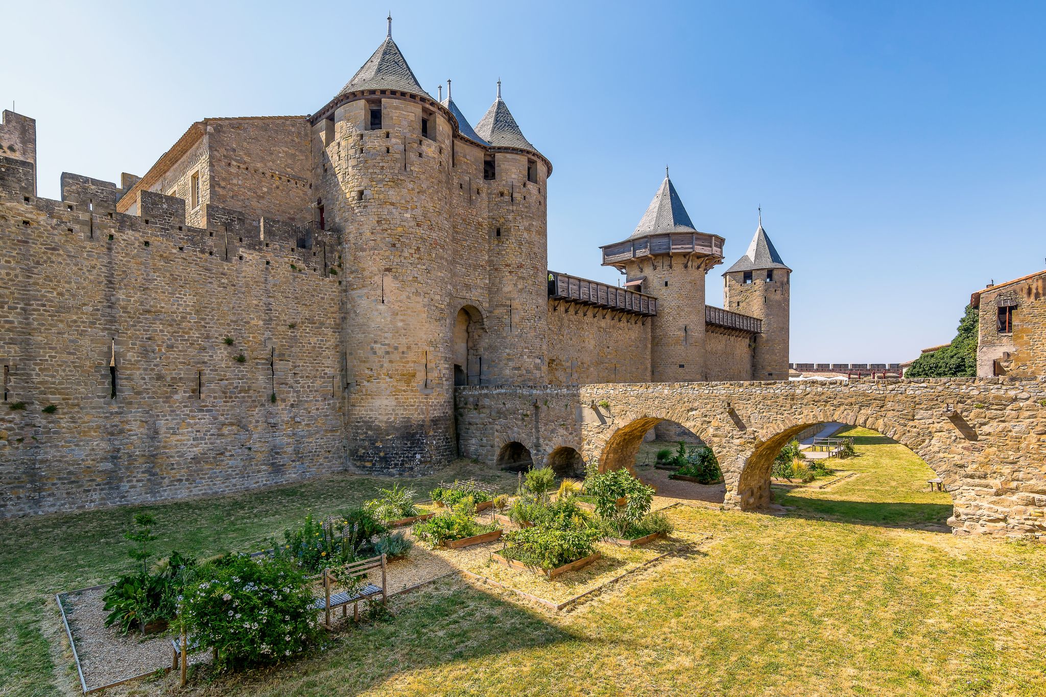 Photo of scenic view of Carcassone medieval city in France against summer sky.