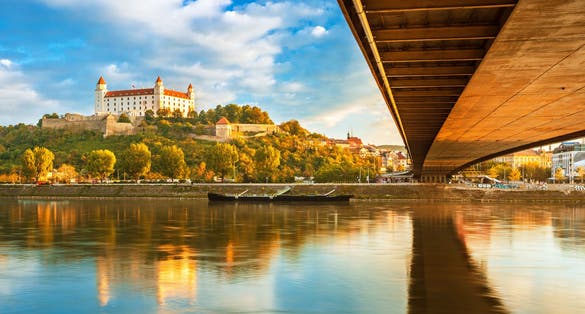 View on Bratislava castle and old town over the river Danube in Bratislava city, Slovakia