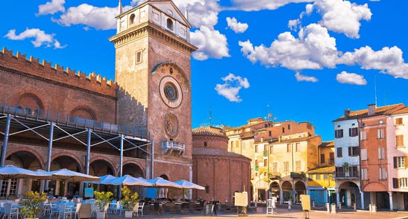 Mantova city Piazza delle Erbe evening view, European capital of culture and UNESCO world heritage site, Lombardy region of Italy.