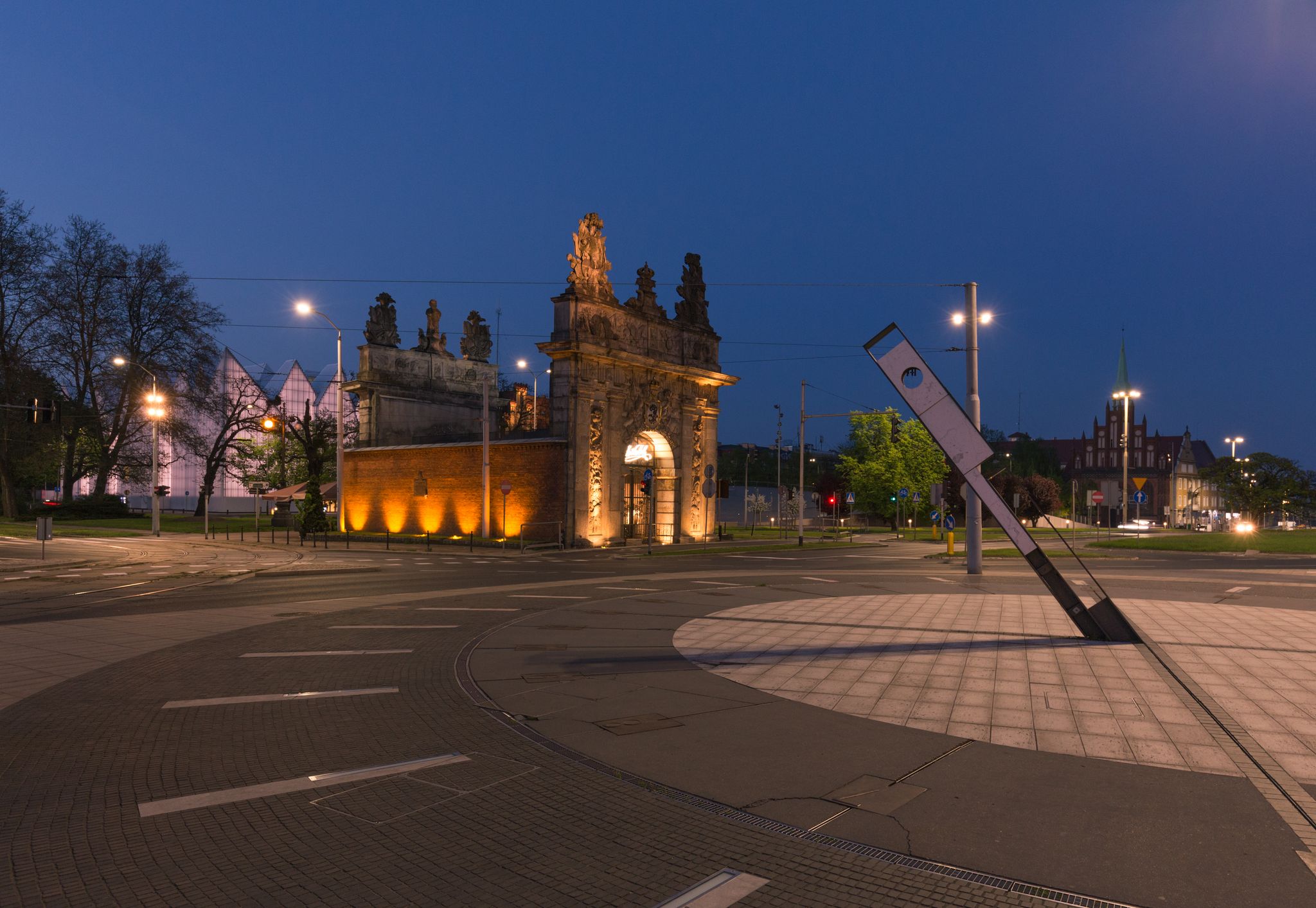 Harbour Gate in Szczecin at night.