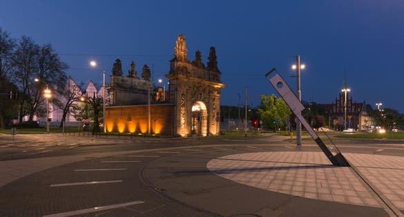 Harbour Gate in Szczecin at night.