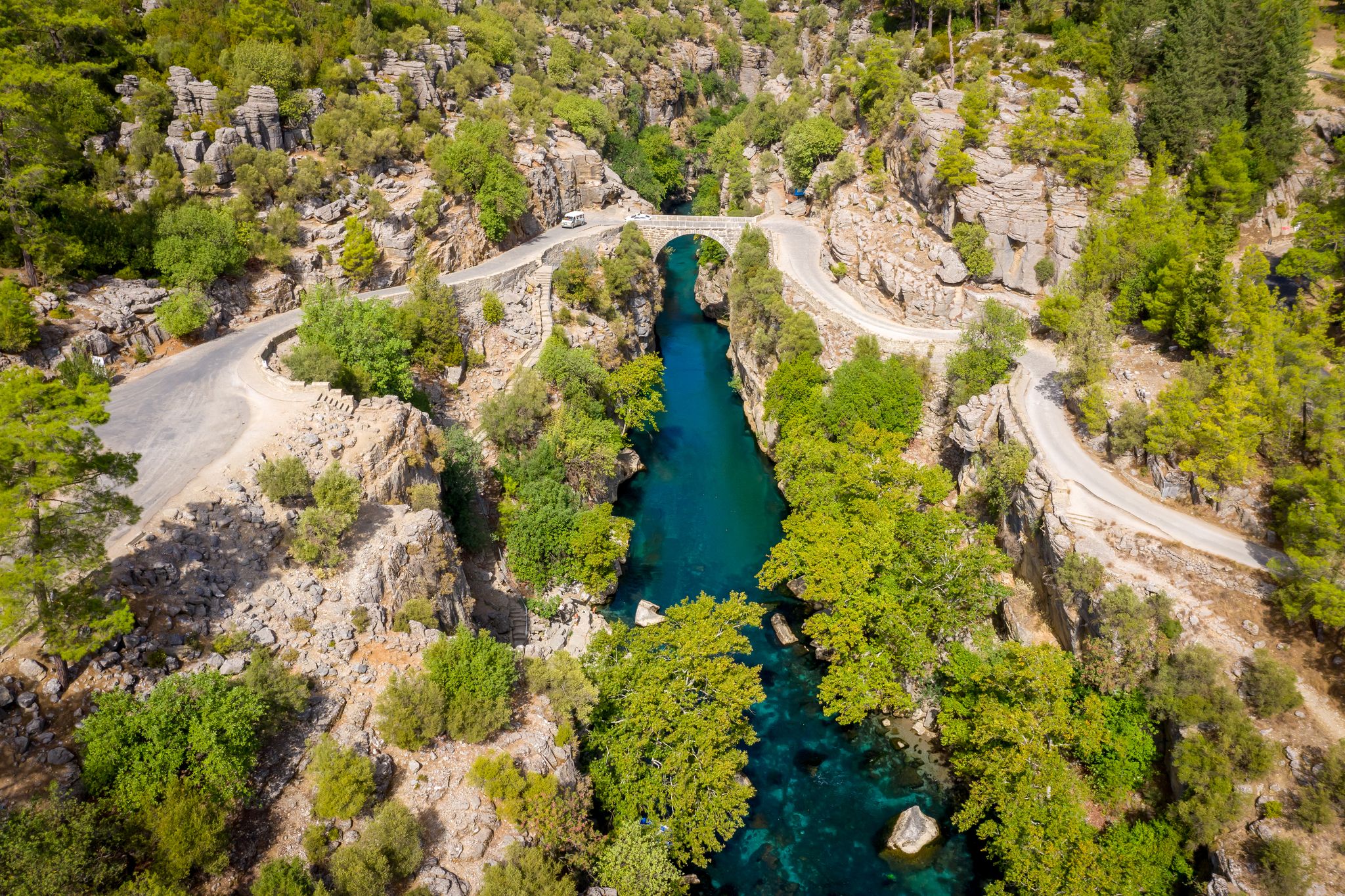 photo of aerial view of ancient arch bridge Oluk over the Koprucay river gorge in Koprulu national Park in Antalya, Turkey.
